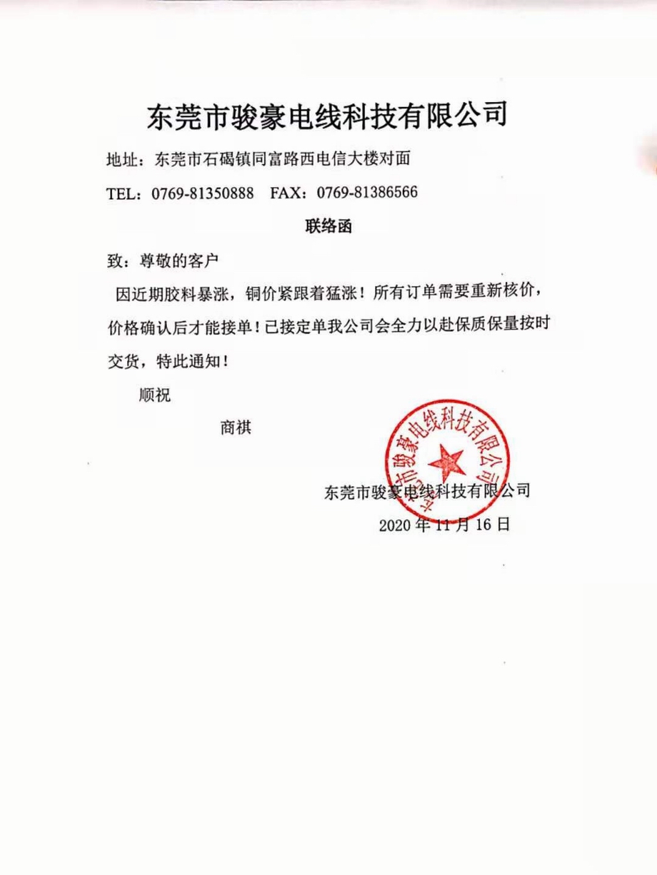 調(diào)價通知